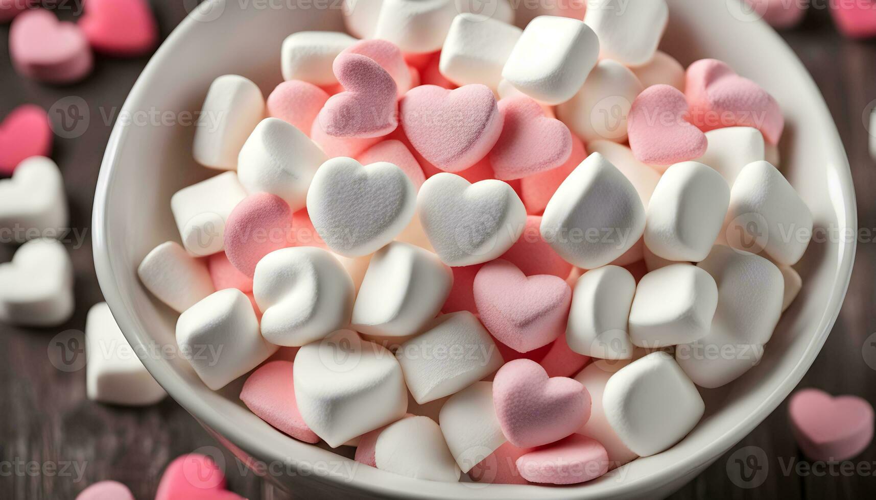 ai gerado uma tigela do marshmallows com corações dentro eles foto