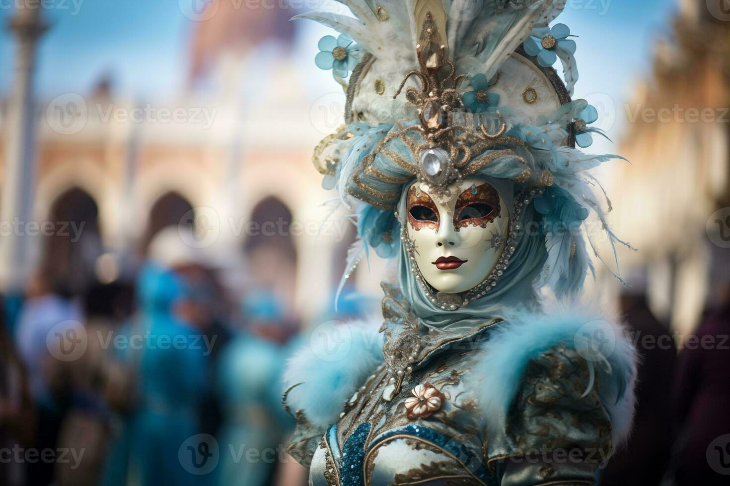 ai gerado elegante Veneza carnaval traje dentro icônico configuração foto