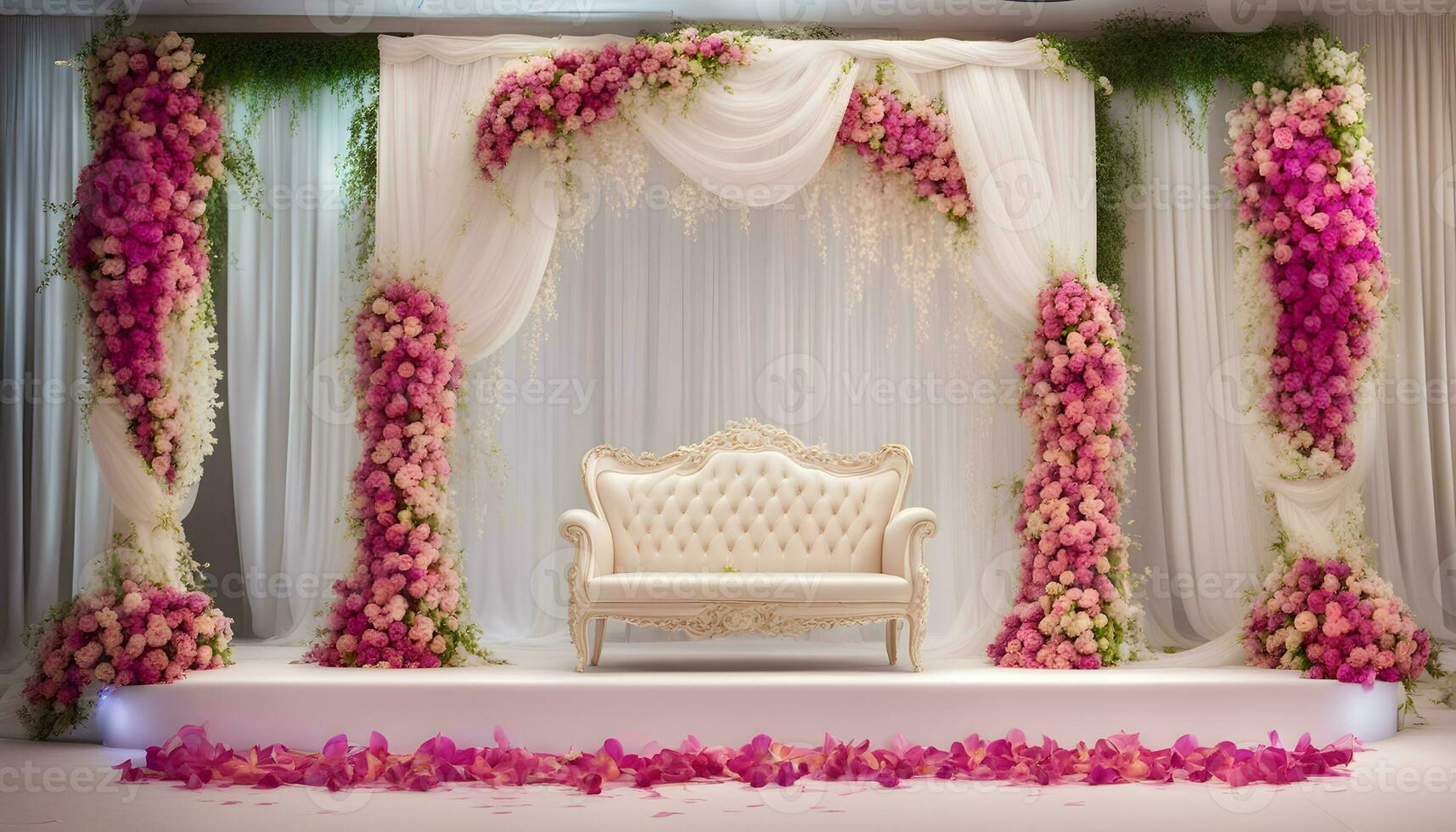 ai gerado uma Casamento etapa decorado com Rosa flores e branco cortinas foto