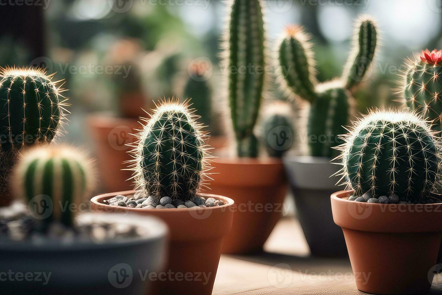 ai gerado cacto plantas dentro panelas em uma mesa foto