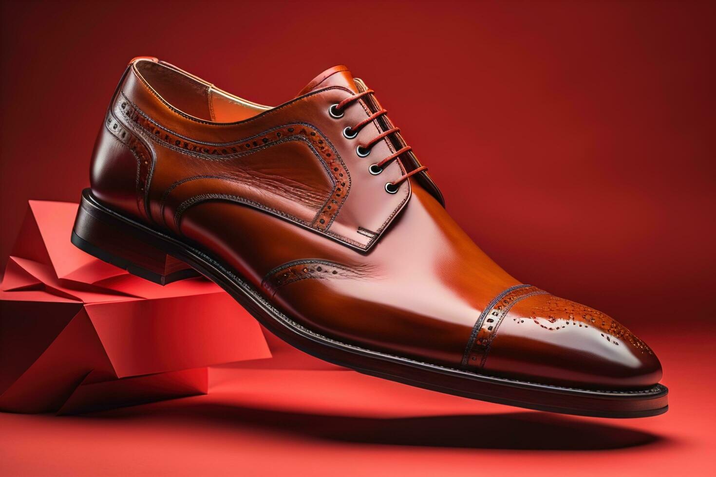 ai gerado par do elegante masculino sapatos em vermelho fundo. estúdio tomada. generativo ai foto