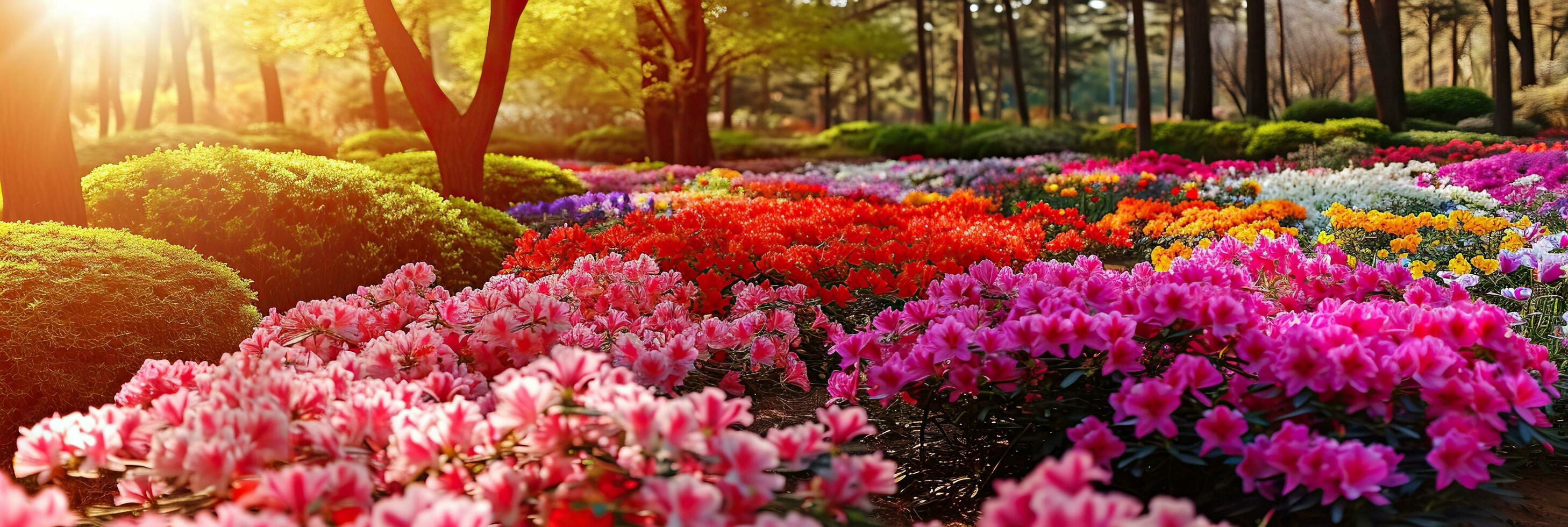 ai gerado panorâmico Visão do lindo flores dentro a jardim. foto