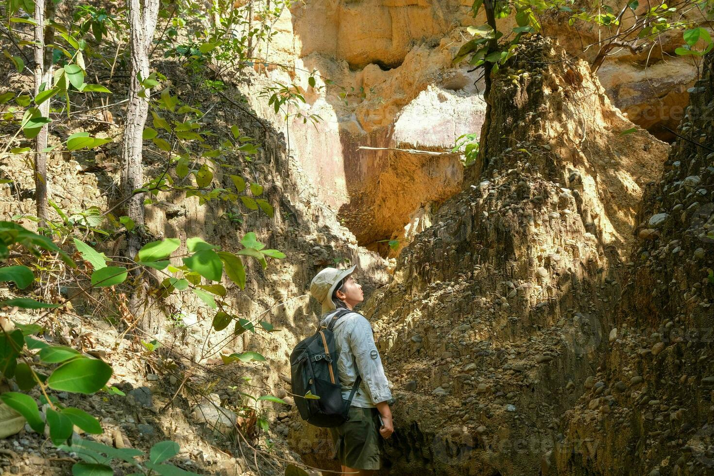 fêmea geólogo com mochila explorando natureza trilha dentro floresta e analisando Rocha ou cascalho. pesquisadores coletar amostras do biológico materiais. de Meio Ambiente e ecologia pesquisar. foto