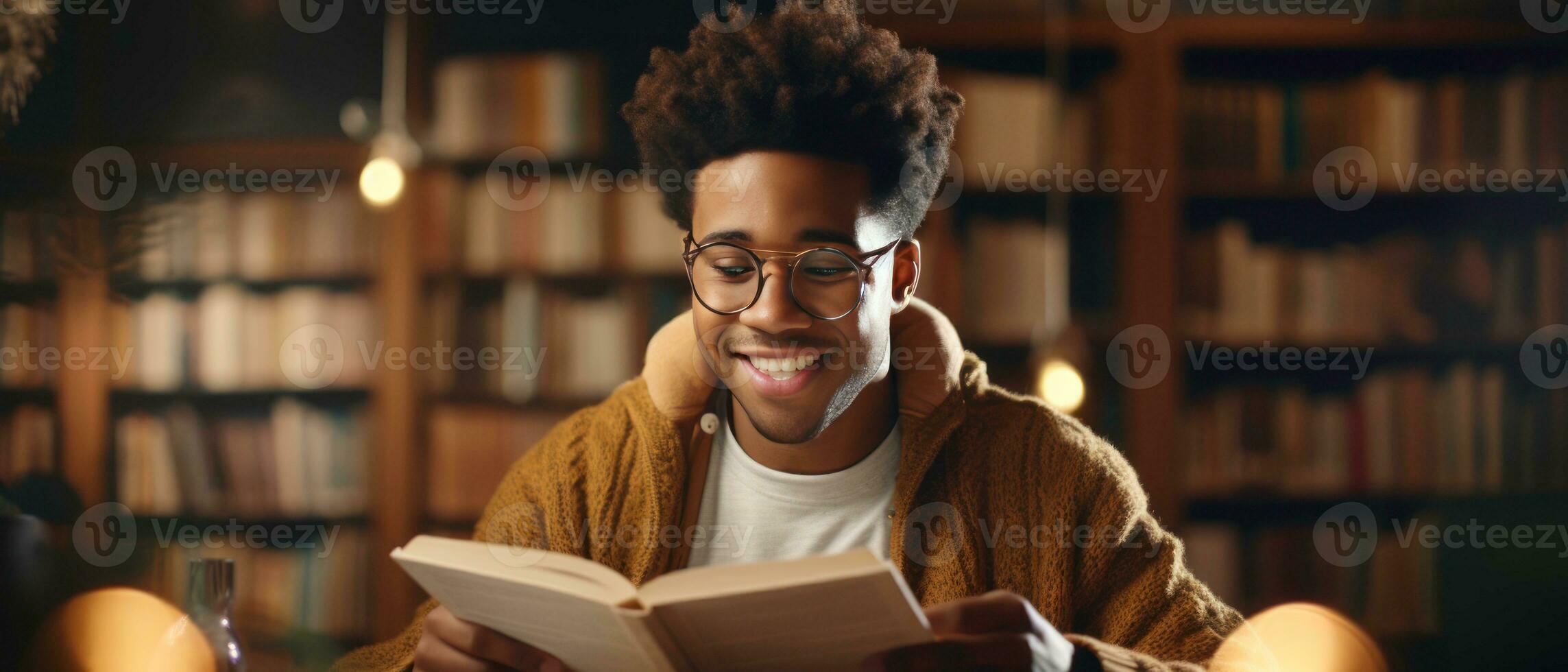 ai gerado tranquilo biblioteca atmosfera, jovem leitores absorvido dentro livros. ai generativo. foto