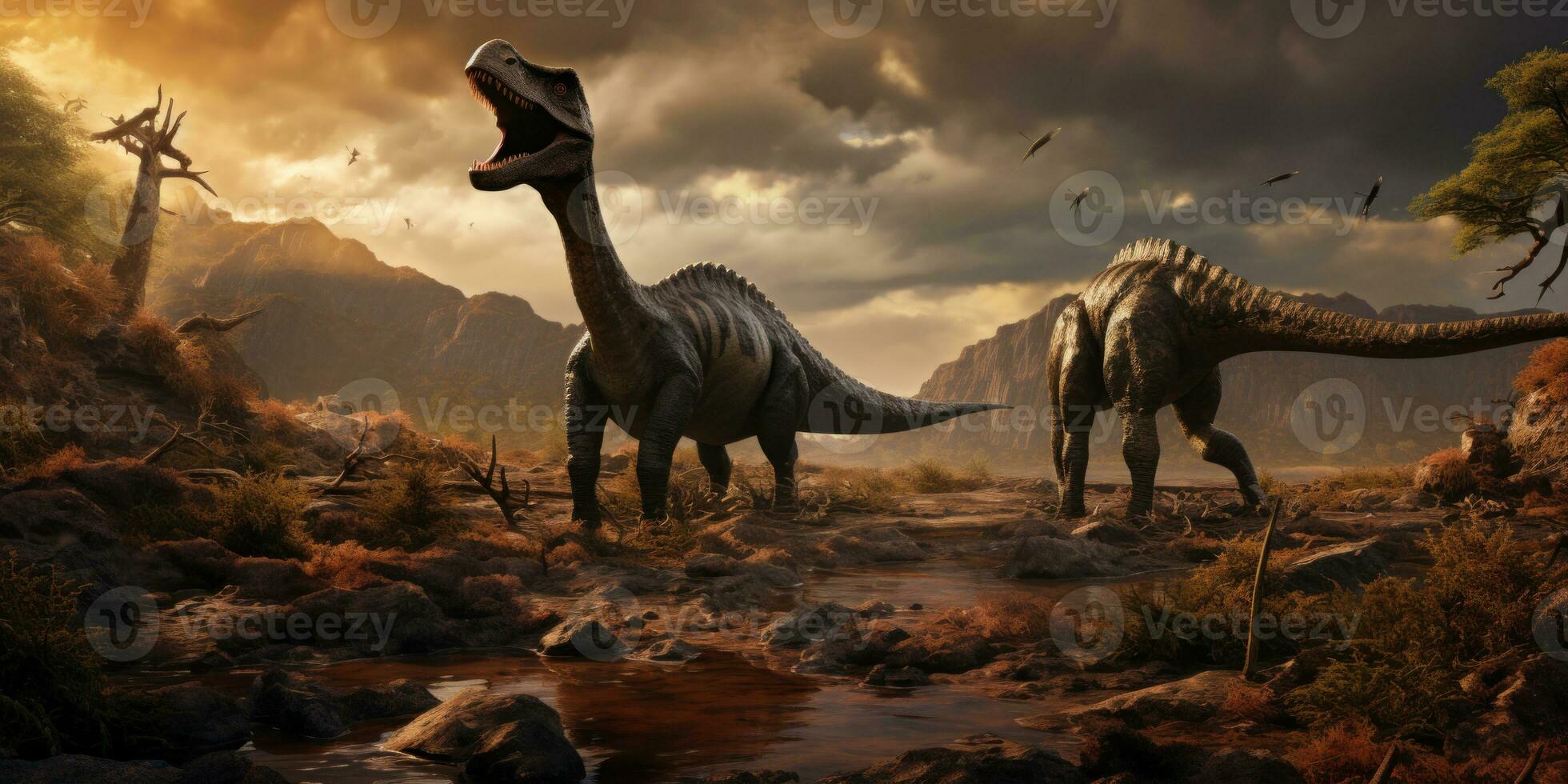 ai gerado t-rex dentro uma pré-histórico paisagem, cercado de diverso dinossauros. ai generativo. foto