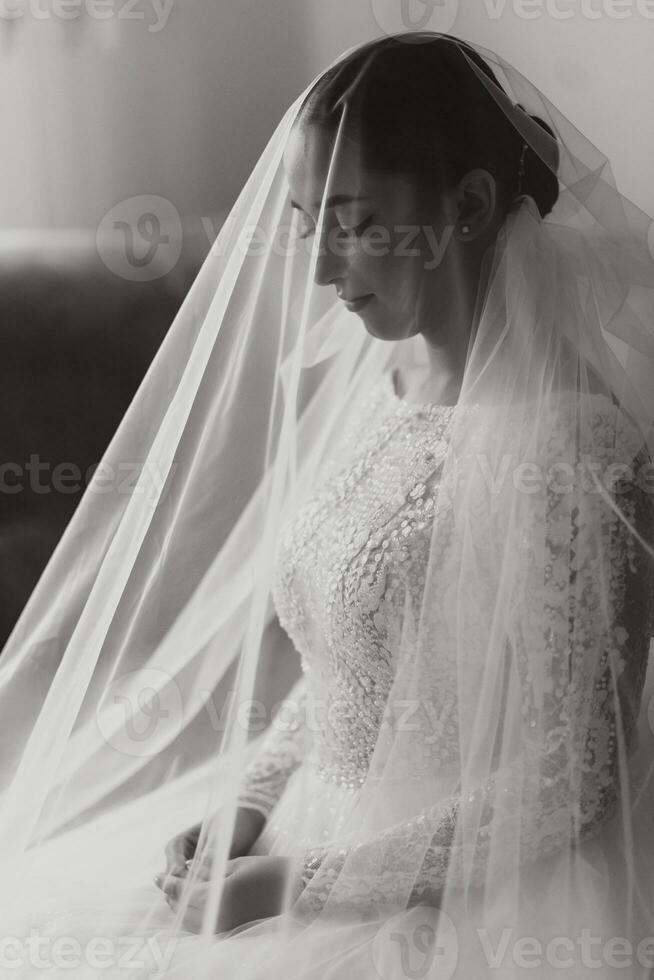 retrato do uma lindo noiva com Casamento Penteado e inventar, sentado debaixo uma véu. Preto e branco foto