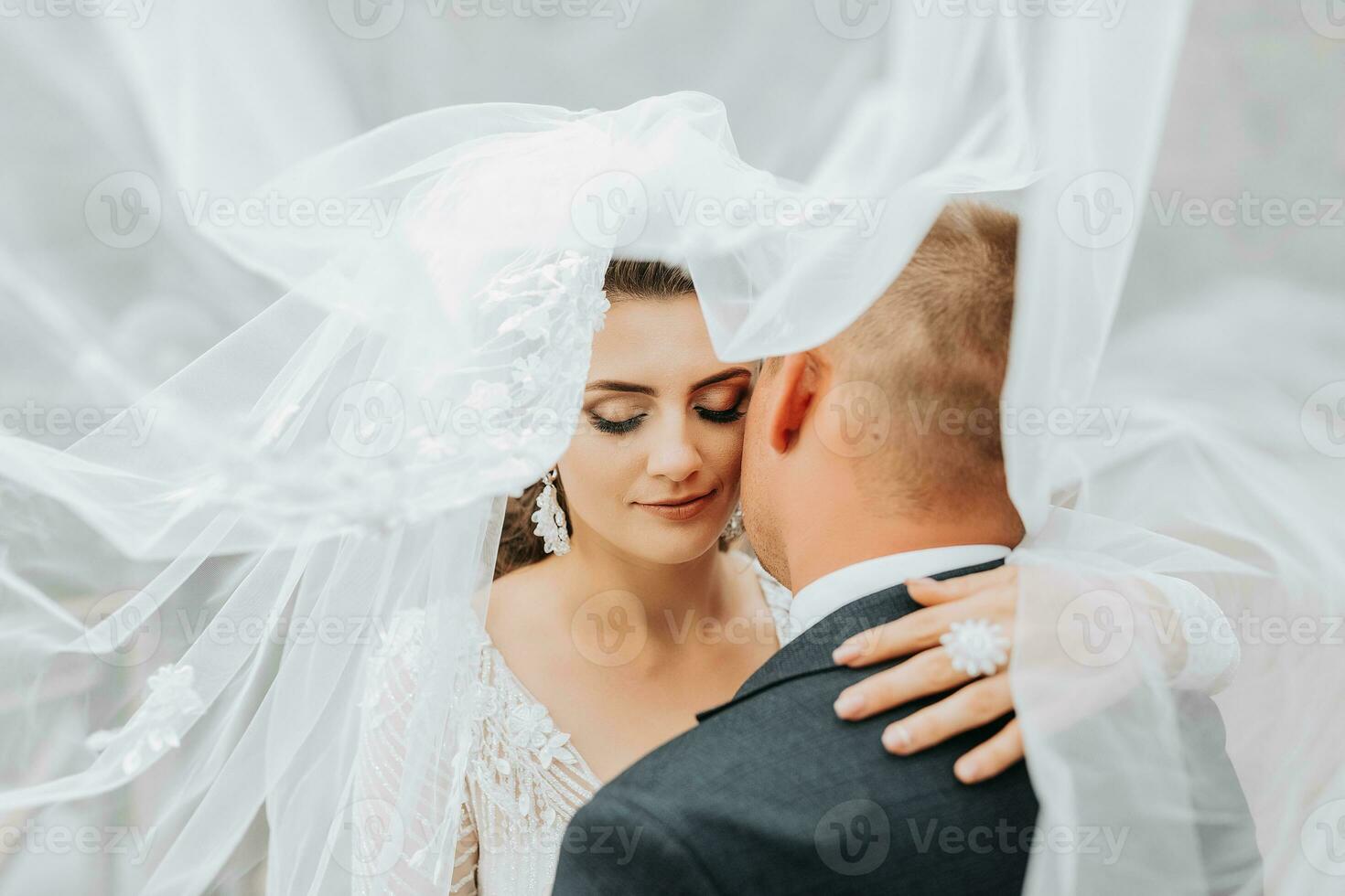 Casamento retrato. uma morena noiva dentro uma grandes vestir e uma noivo dentro uma clássico terno estão de pé, abraçando, dentro amor contra a fundo do uma lago. foto