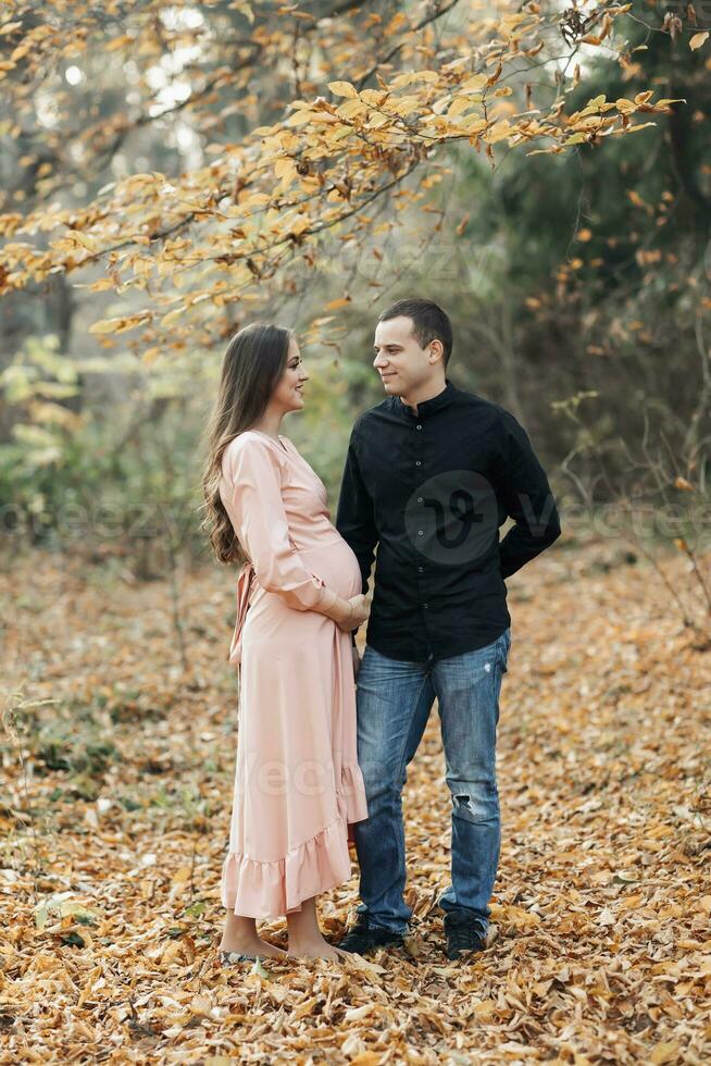 retrato do uma feliz jovem família, marido e grávida esposa, em pé contra a fundo do lindo luz dentro a outono floresta, olhando às cada de outros foto