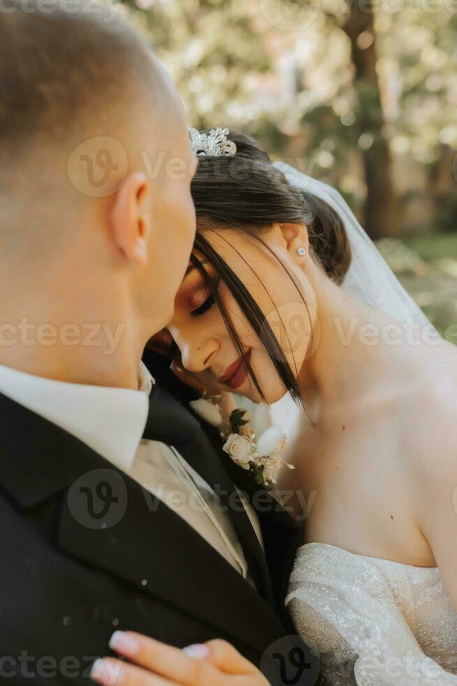 europeu Casamento casal dentro a parque. a noiva dentro uma lindo vestir com uma grandes trem e mangas. noivo dentro uma clássico terno foto