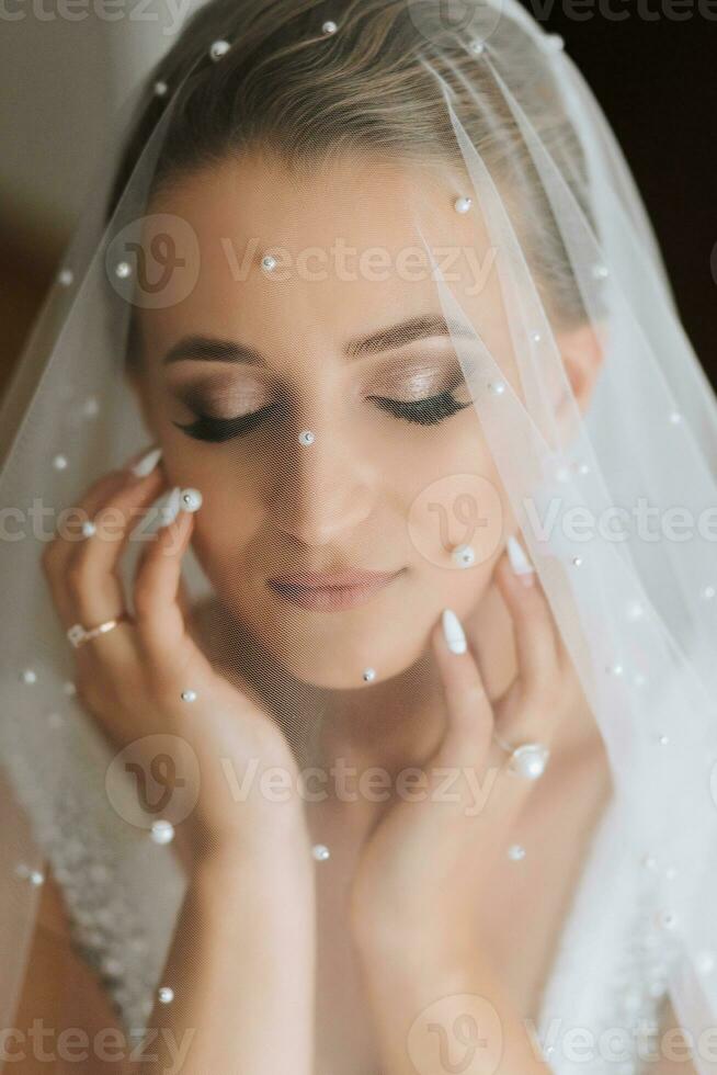 lindo de cabelos brancos noiva debaixo uma véu fechar-se. lindo noiva com moderno Maquiagem e Penteado. a noiva dentro uma branco vestir. foto
