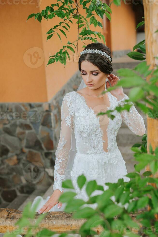 retrato do uma morena noiva dentro uma vestir com mangas dentro uma verde folha em uma varanda foto