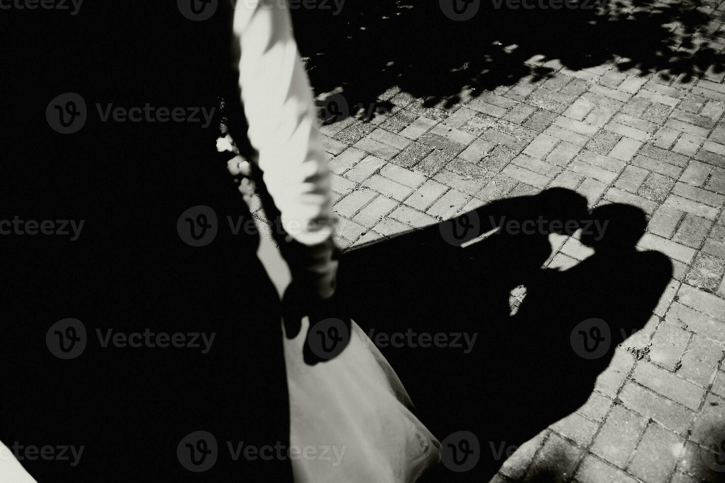 a noiva e noivo andar depois de a Casamento cerimônia. Preto e branco foto, sombra em a telha a partir de a noiva e noivo foto