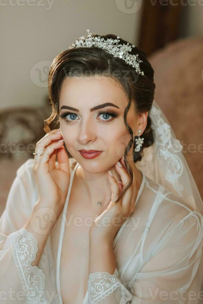 lindo noiva retrato Casamento Maquiagem e Penteado, menina dentro diamantes tiara, joalheria modelo, moda noiva linda beleza foto