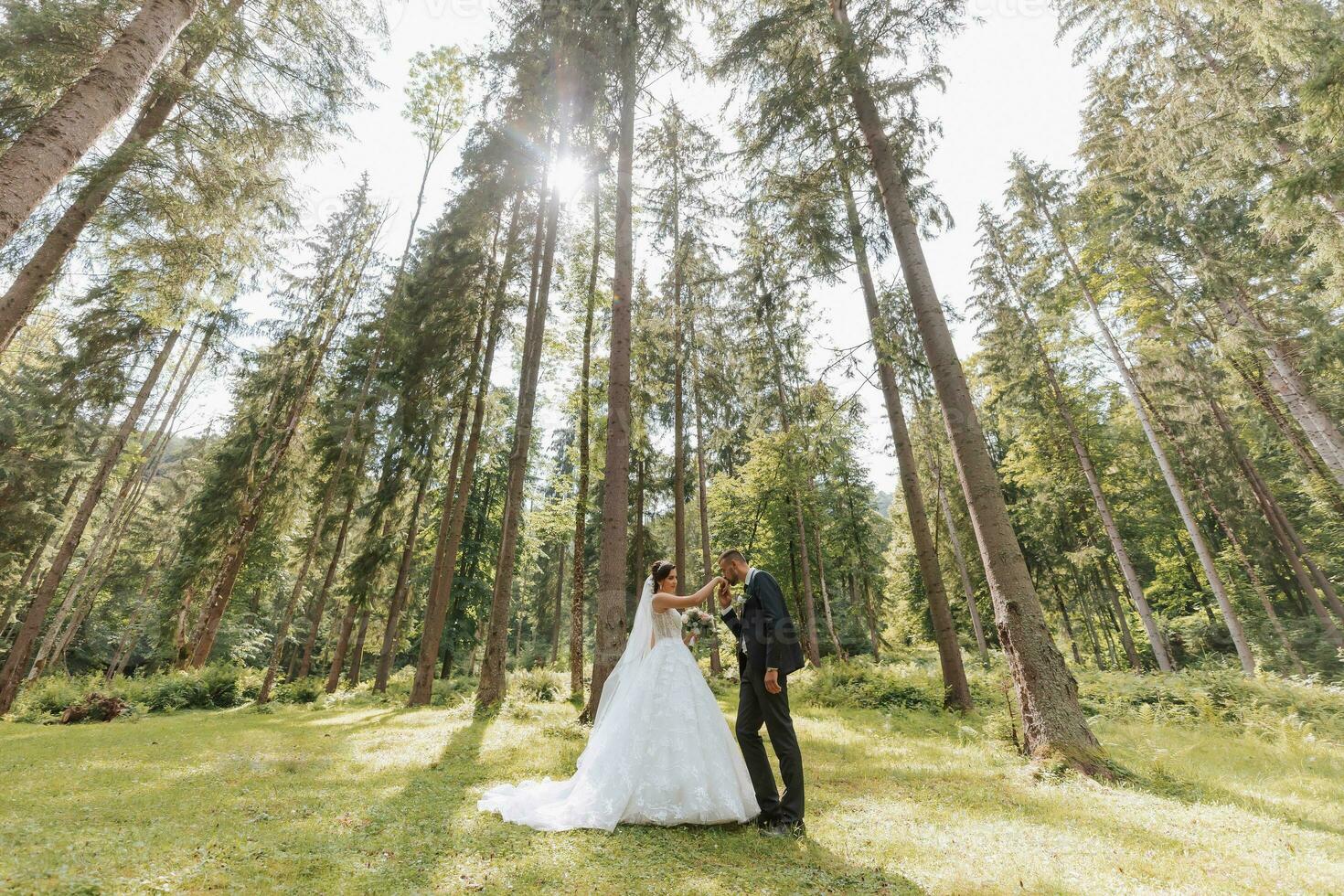 elegante noivo e fofa noiva dentro branco vestir com trem e coroa em cabeça caminhando alegremente dentro parque, jardim, floresta ao ar livre. Casamento fotografia, retrato do sorridente recém-casados. foto