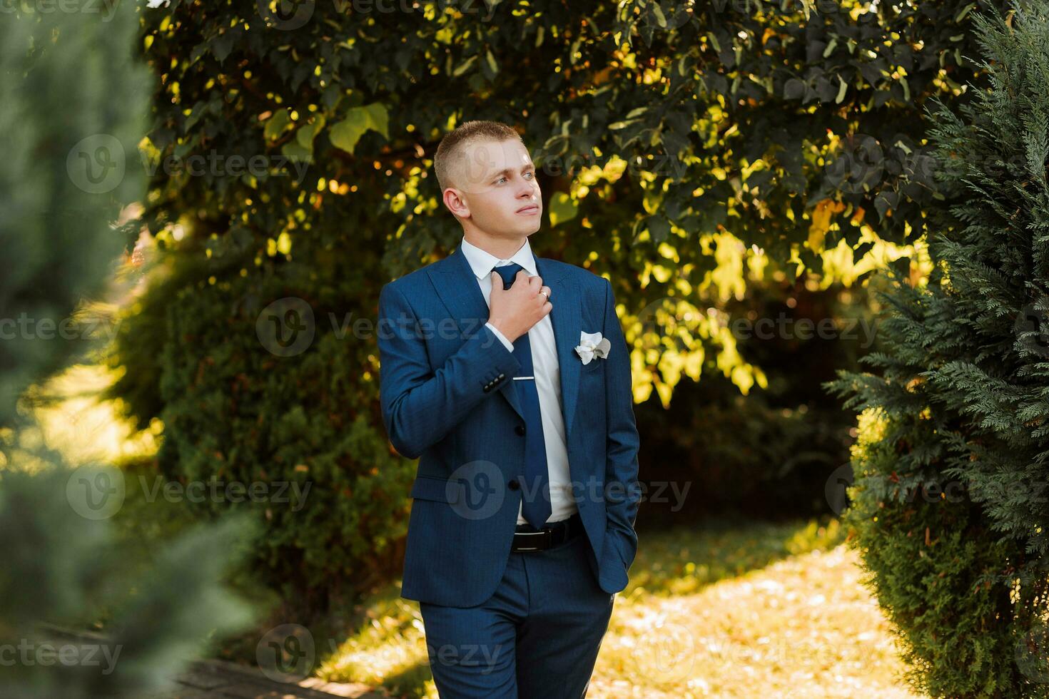 a noivo dentro uma azul terno e arco gravata posando dentro a foto