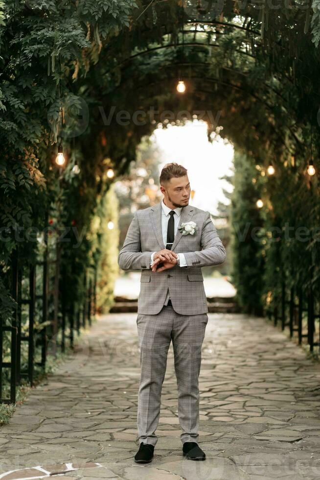 bonito barbudo homem, noivo dentro cinzento terno e Preto gravata em pé ao ar livre. Casamento retrato. uma homem dentro uma clássico terno foto