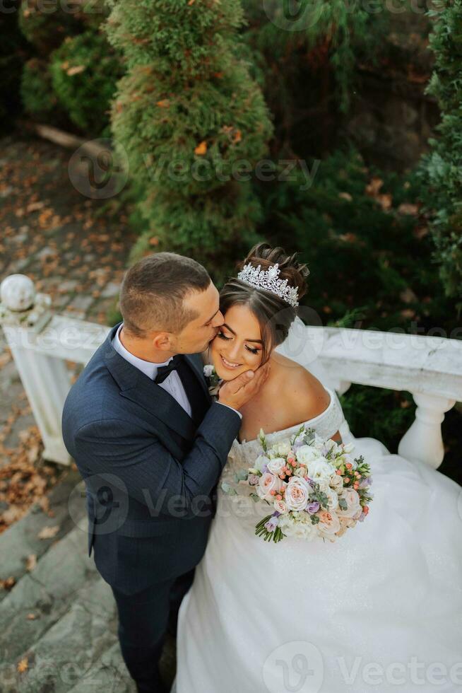 retrato do feliz Casamento casal, noiva e noivo dentro outono floresta, parque posando perto pedra escadaria. uma homem dentro uma terno, uma menina dentro uma Casamento vestir. noivo Beijos dele namorada. foto a partir de acima