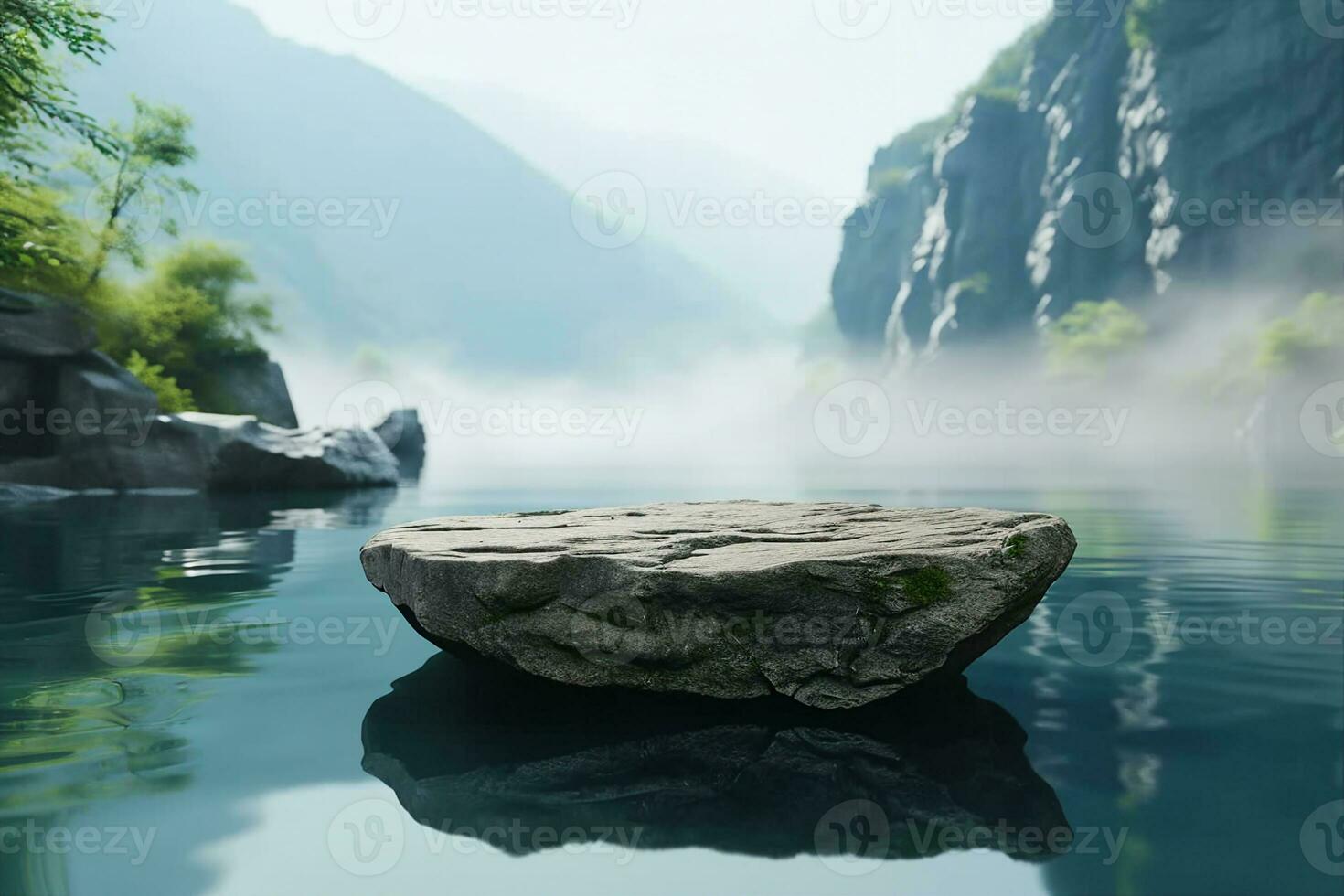 ai gerado pedra pedestal exibição em superfície do a lago, céu, montanhas, floresta, vegetação dentro manhã, névoa, ozônio, legal e sombrio clima. natureza zen conceito ondulação ondas. pódio do Cosmético. foto