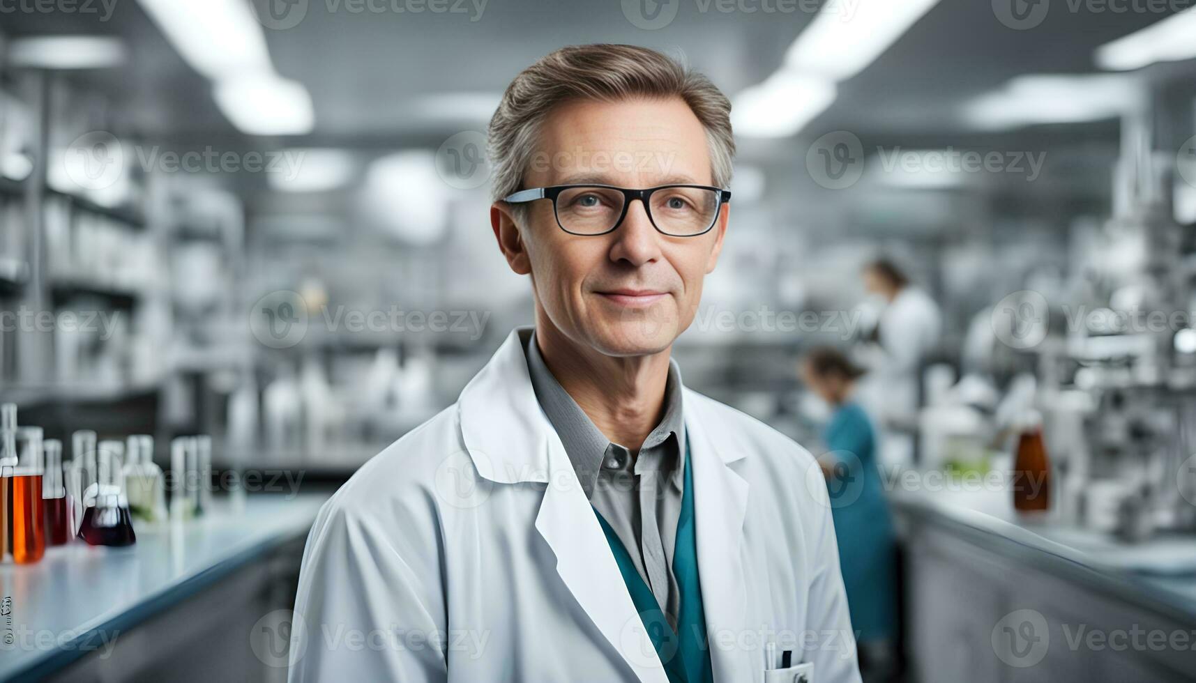 ai gerado uma homem dentro uma laboratório casaco em pé dentro frente do uma laboratório foto