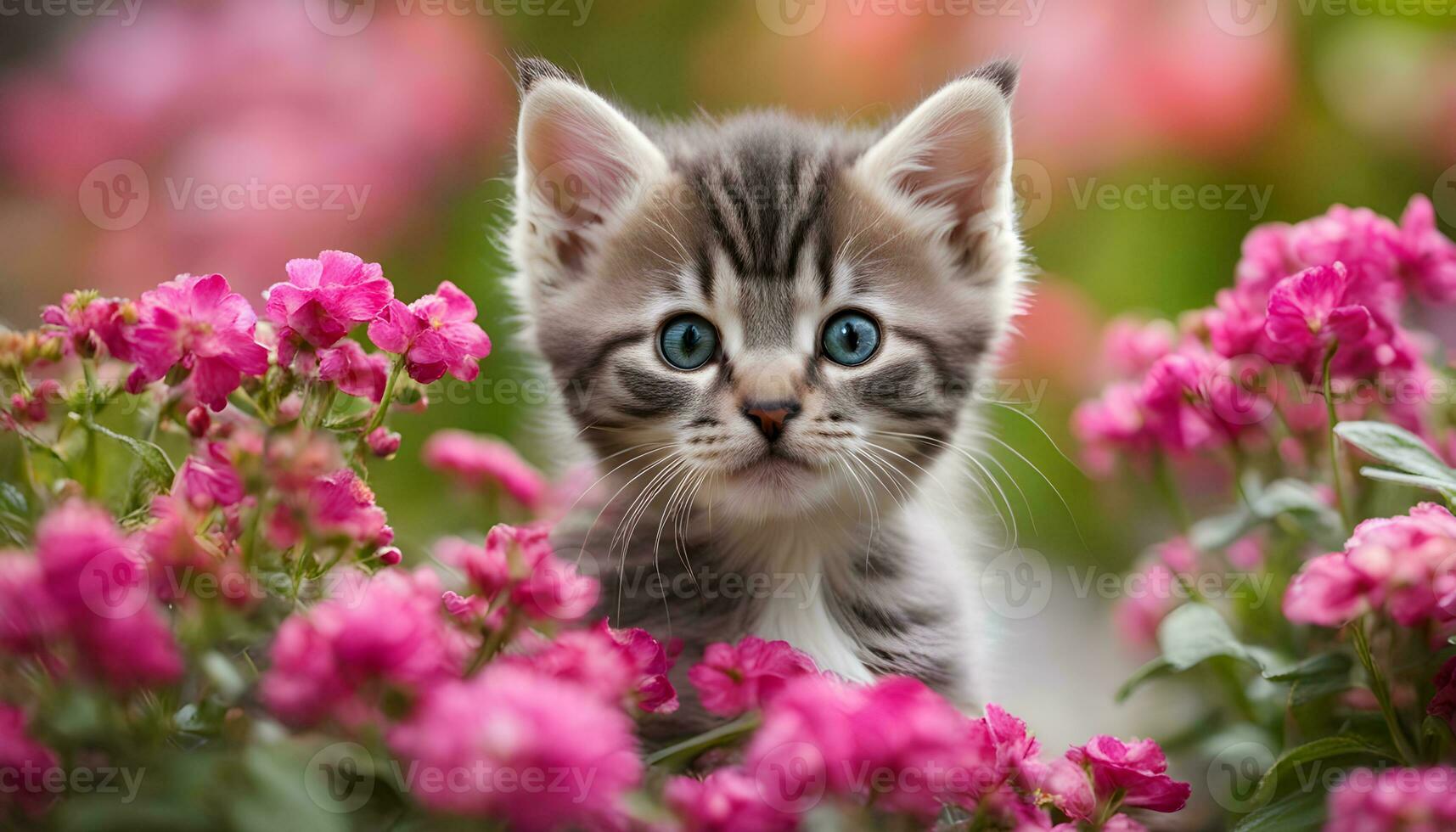 ai gerado uma gatinho é sentado dentro a meio do Rosa flores foto