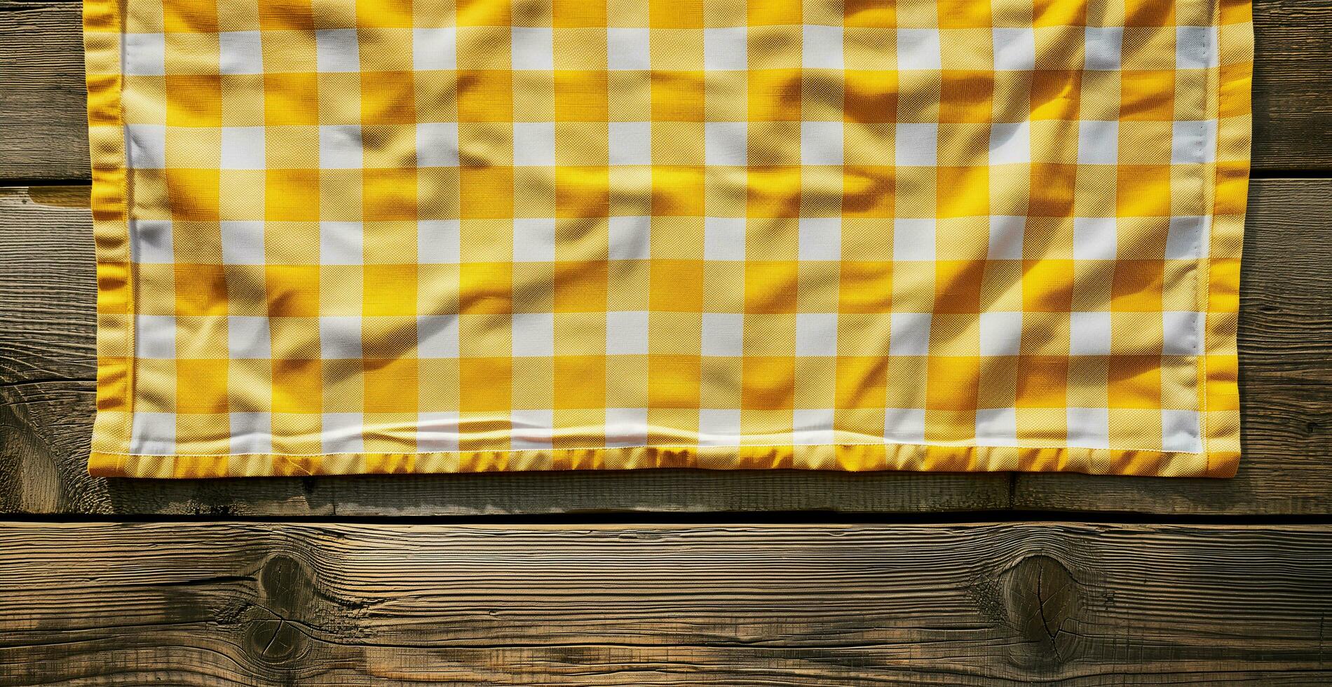ai gerado topo Visão do amarelo xadrez toalha de mesa em em branco esvaziar de madeira mesa fundo bandeira, Comida conceito foto