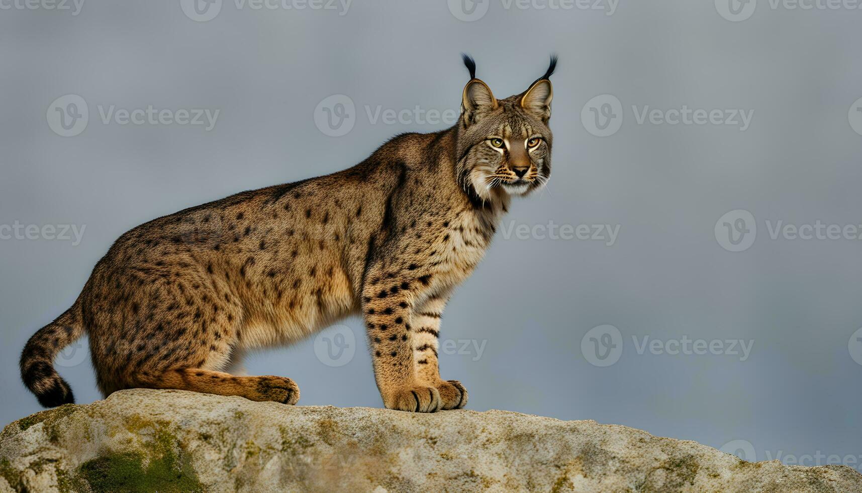 ai gerado uma lince é em pé em topo do uma Rocha foto