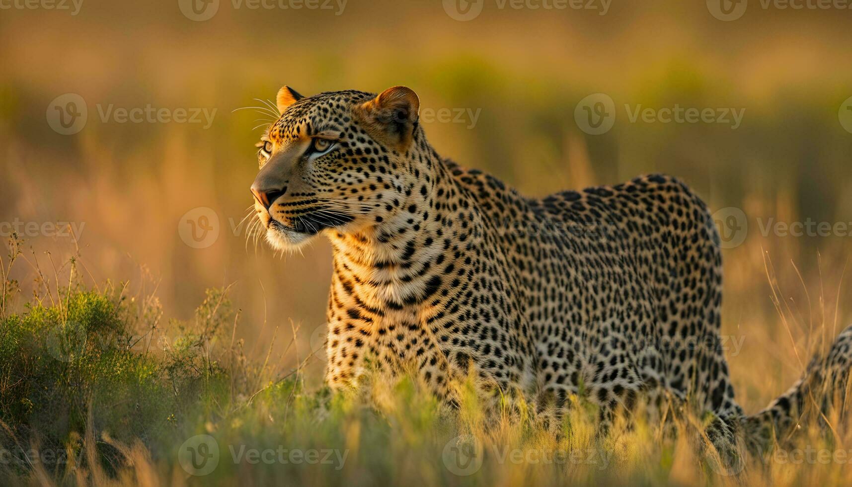 ai gerado uma leopardo é caminhando através alta Relva dentro a Sol foto