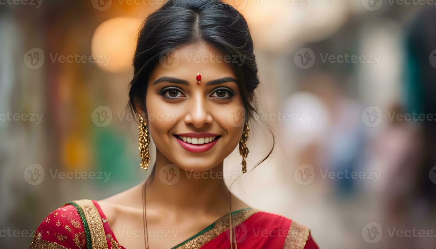 ai gerado uma lindo indiano mulher sorridente dentro uma sari foto