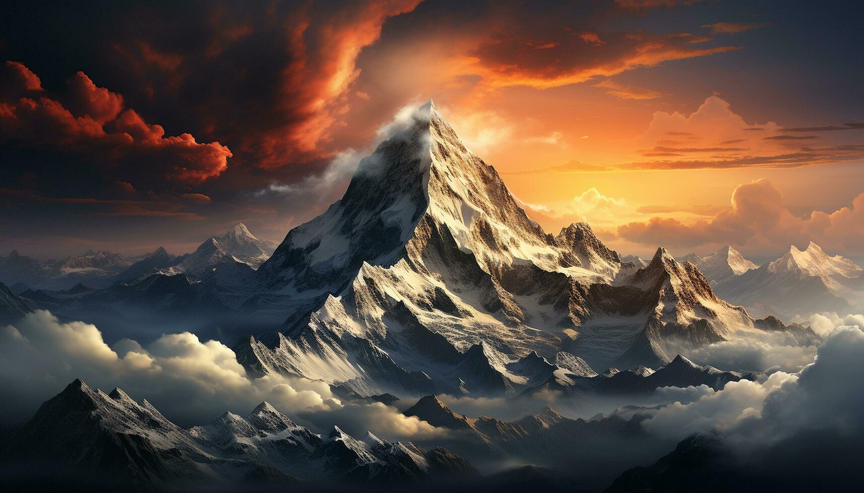 ai gerado majestoso montanha pico, céu dramático pôr do sol, neve coberto paisagem, panorâmico beleza gerado de ai foto