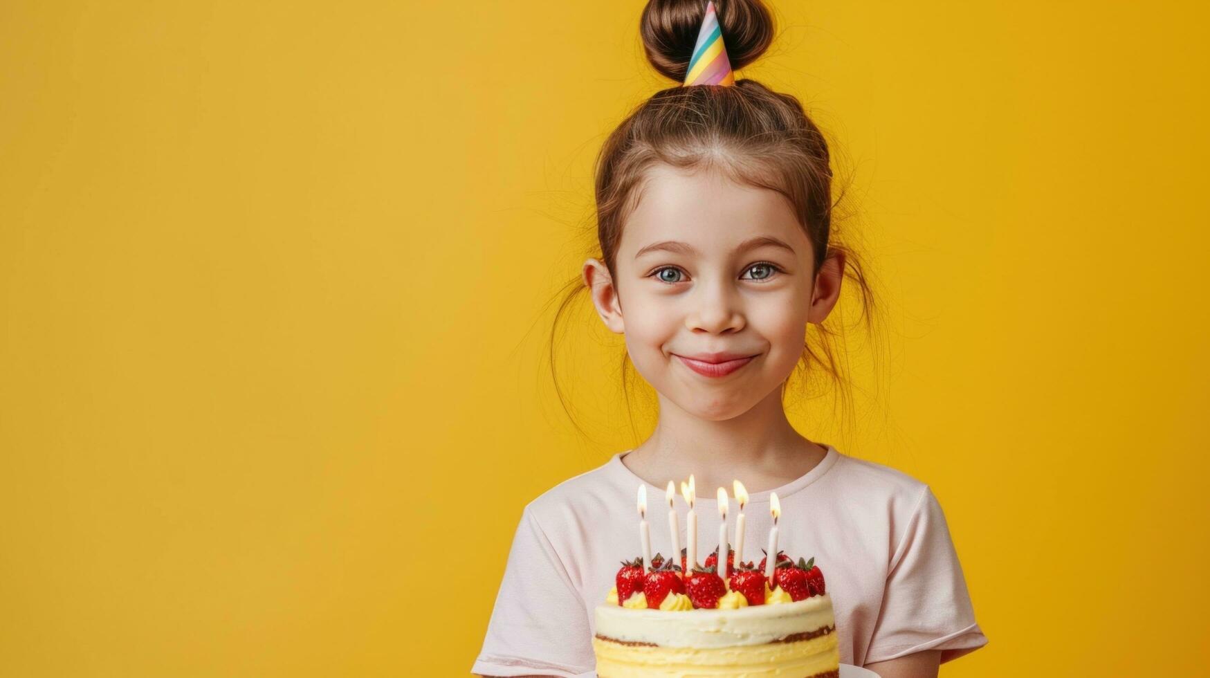 ai gerado feliz aniversário pequeno menina com aniversário bolo contra vívido minimalista fundo foto