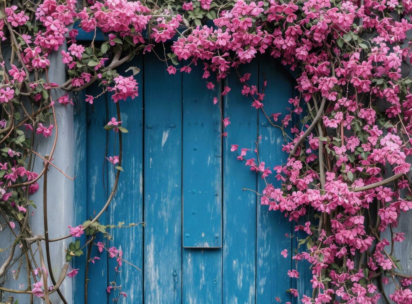 ai gerado uma azul porta é coberto com Rosa flores foto