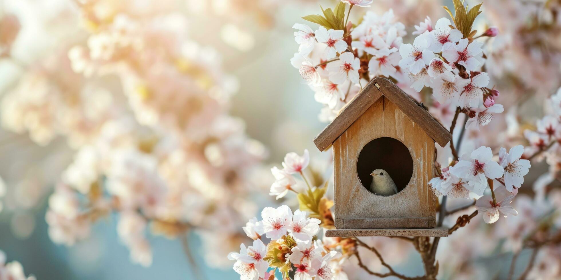 ai gerado pássaro casa em Primavera Flor árvores foto