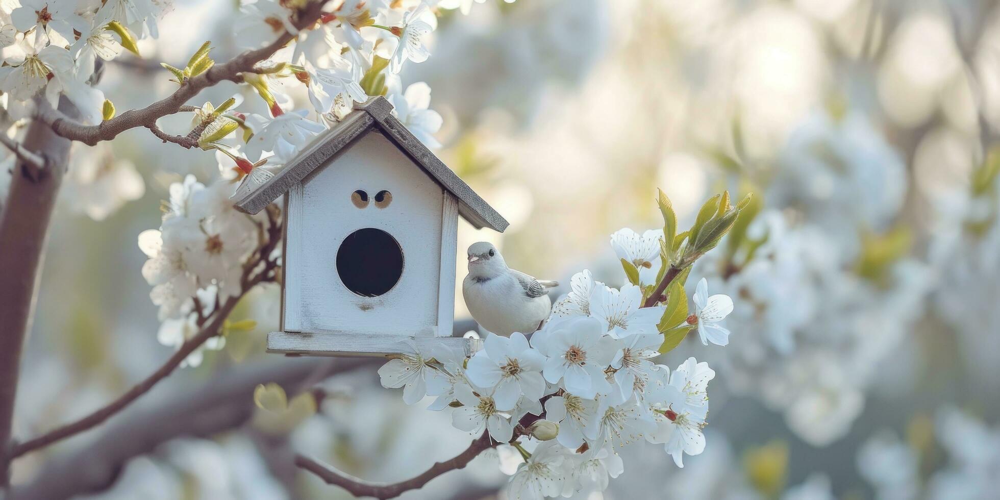 ai gerado pássaro casa em Primavera Flor árvores foto