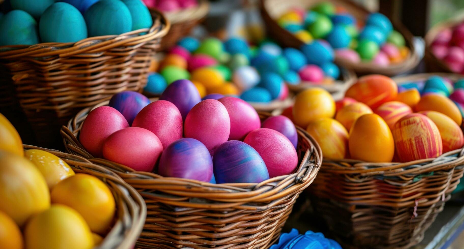ai gerado muitos colorida ovos dentro cestas estão em exibição foto