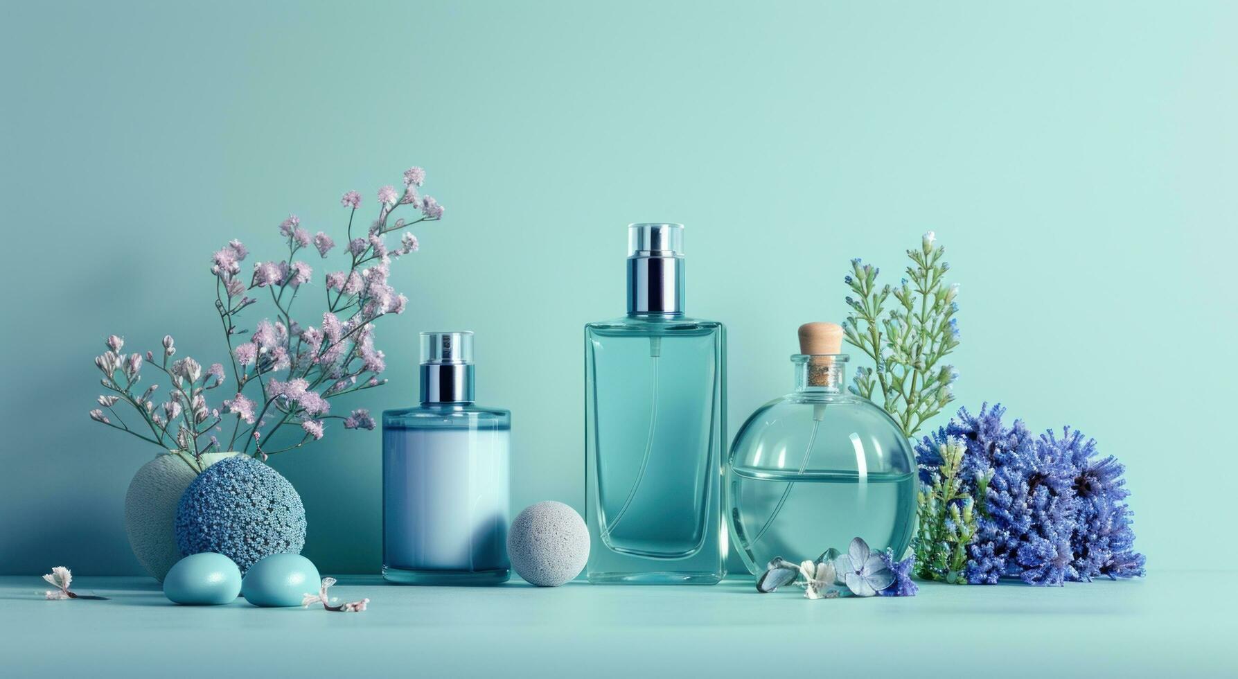 ai gerado diferente perfume garrafas estão localizado em uma azul fundo foto