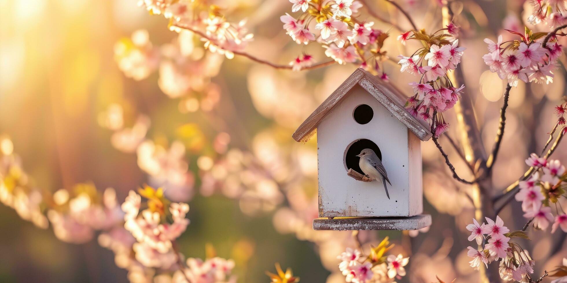 ai gerado Primavera Casa de passarinho com Primavera cereja Flor fundo foto