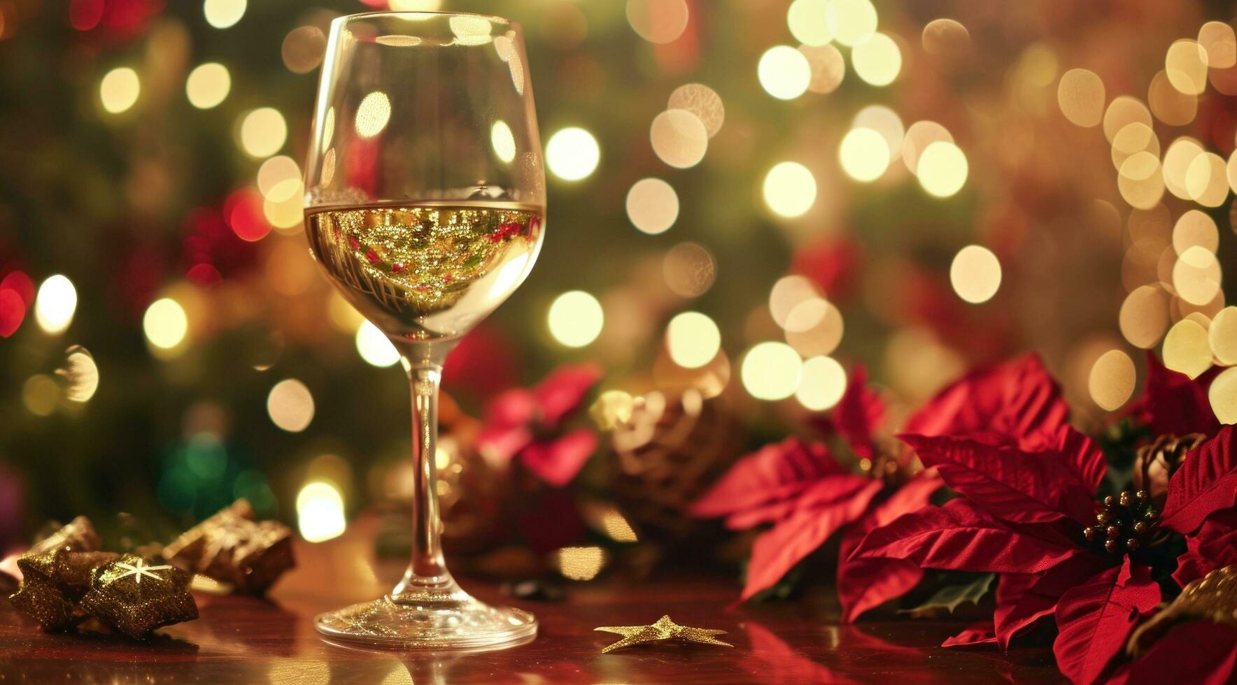 ai gerado branco vinho vidro em a ornamental mesa com Natal temático flores foto