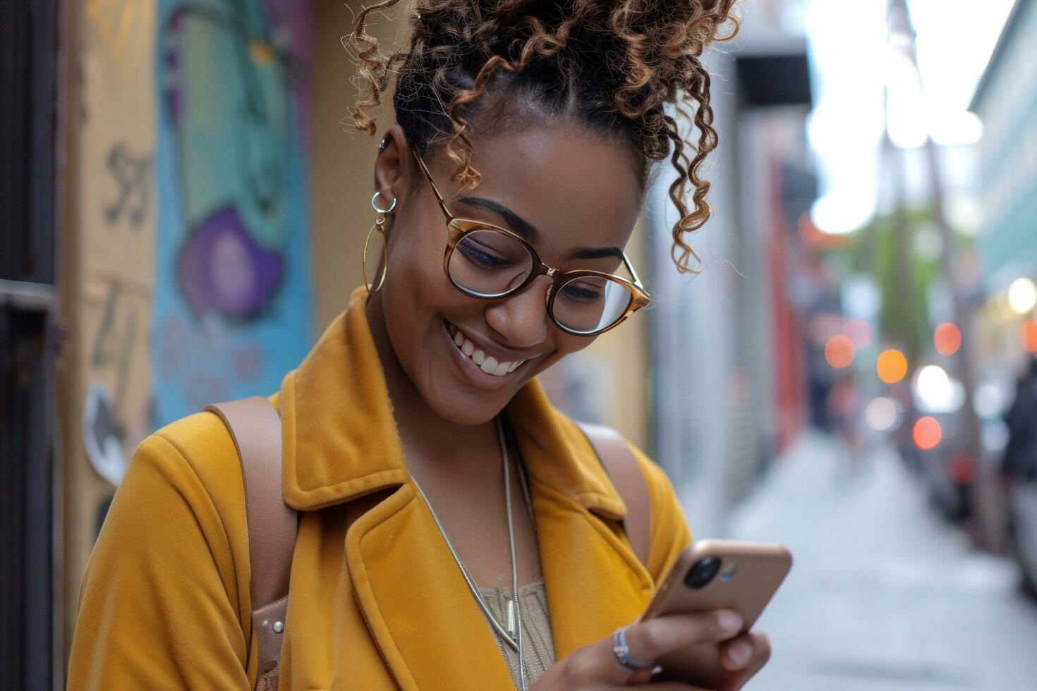 ai gerado mulher sorridente sorridente enquanto mensagens de texto em dela célula telefone em a calçada foto