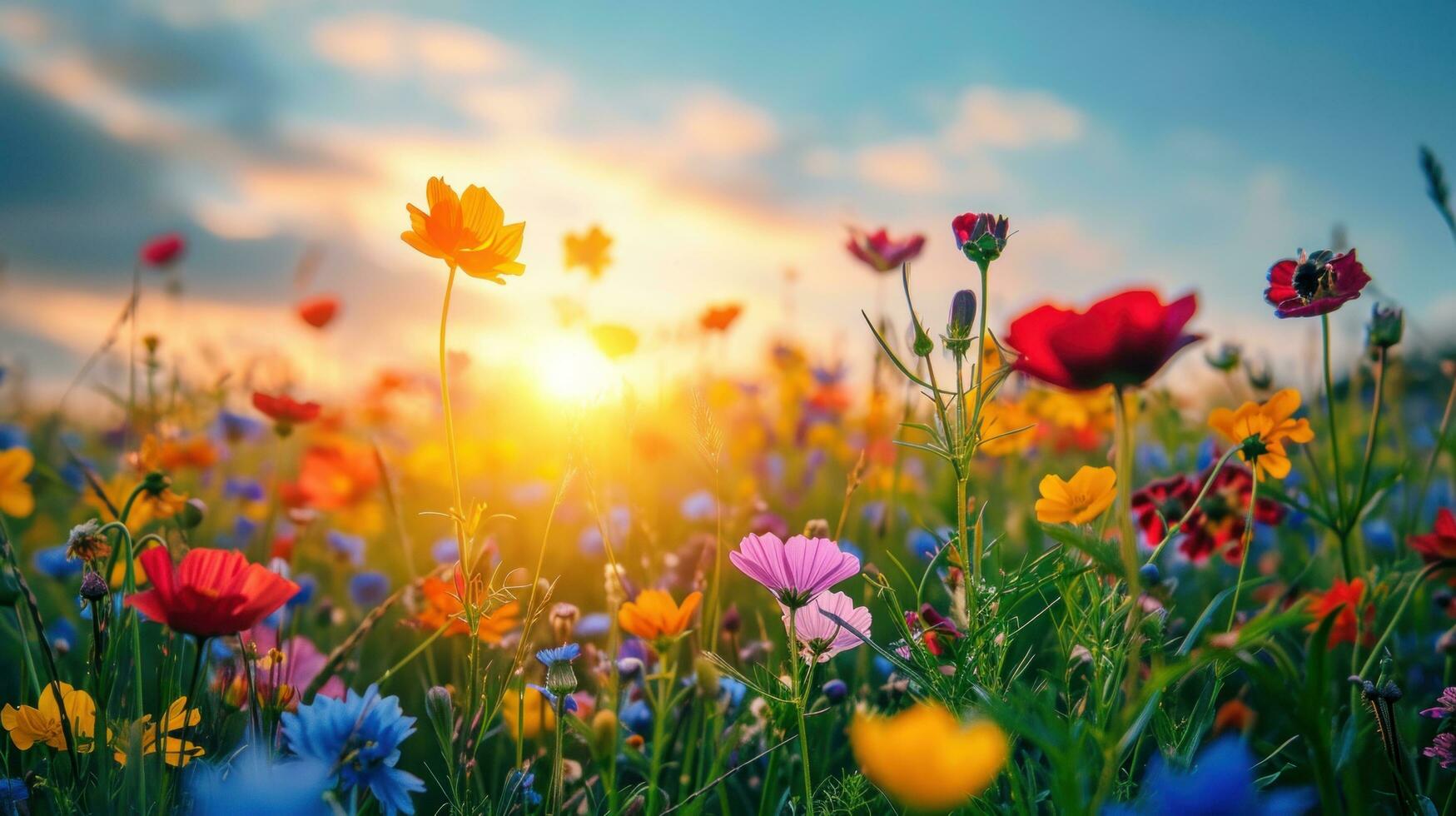 ai gerado flores silvestres, zumbido abelhas, e uma vibrante Sol trazer primavera animado espírito foto