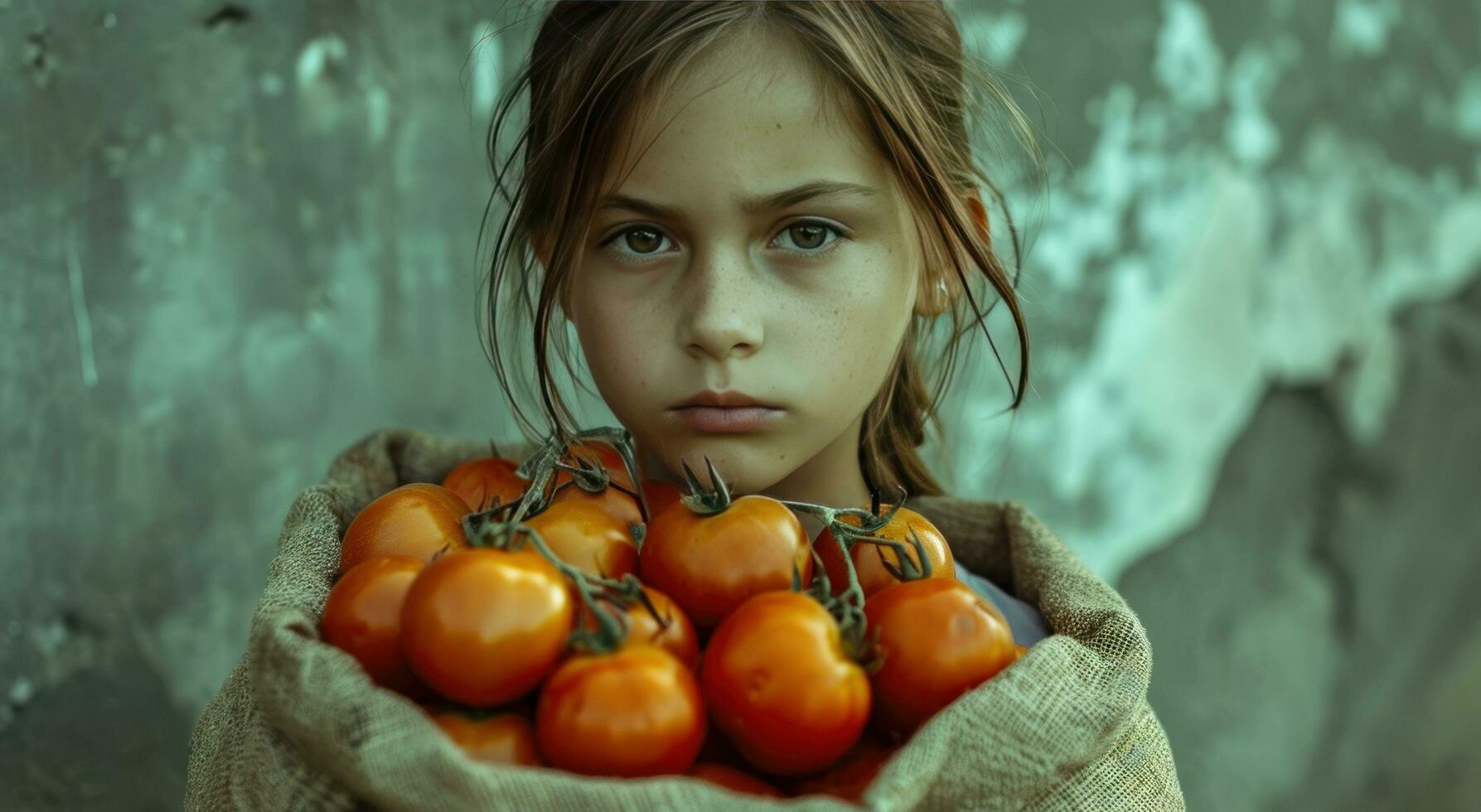 ai gerado uma menina com uma saco do tomates foto