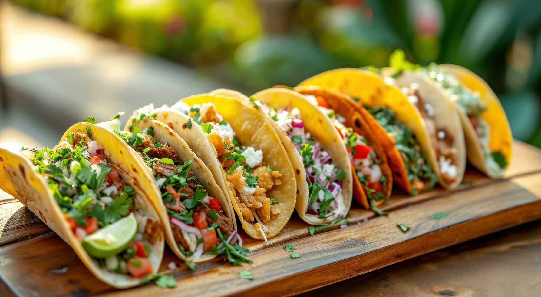 ai gerado uma variedade do tacos é em uma de madeira bandeja foto