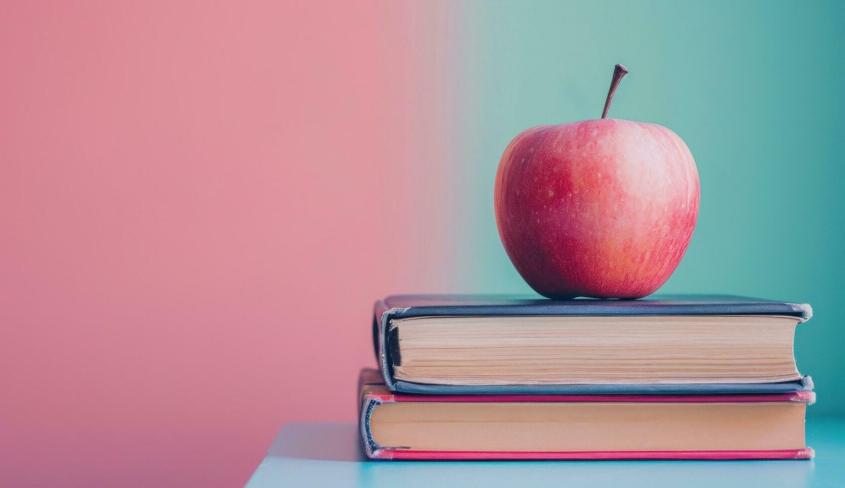 ai gerado a maçã em topo do uma pilha do livros com azul céu foto