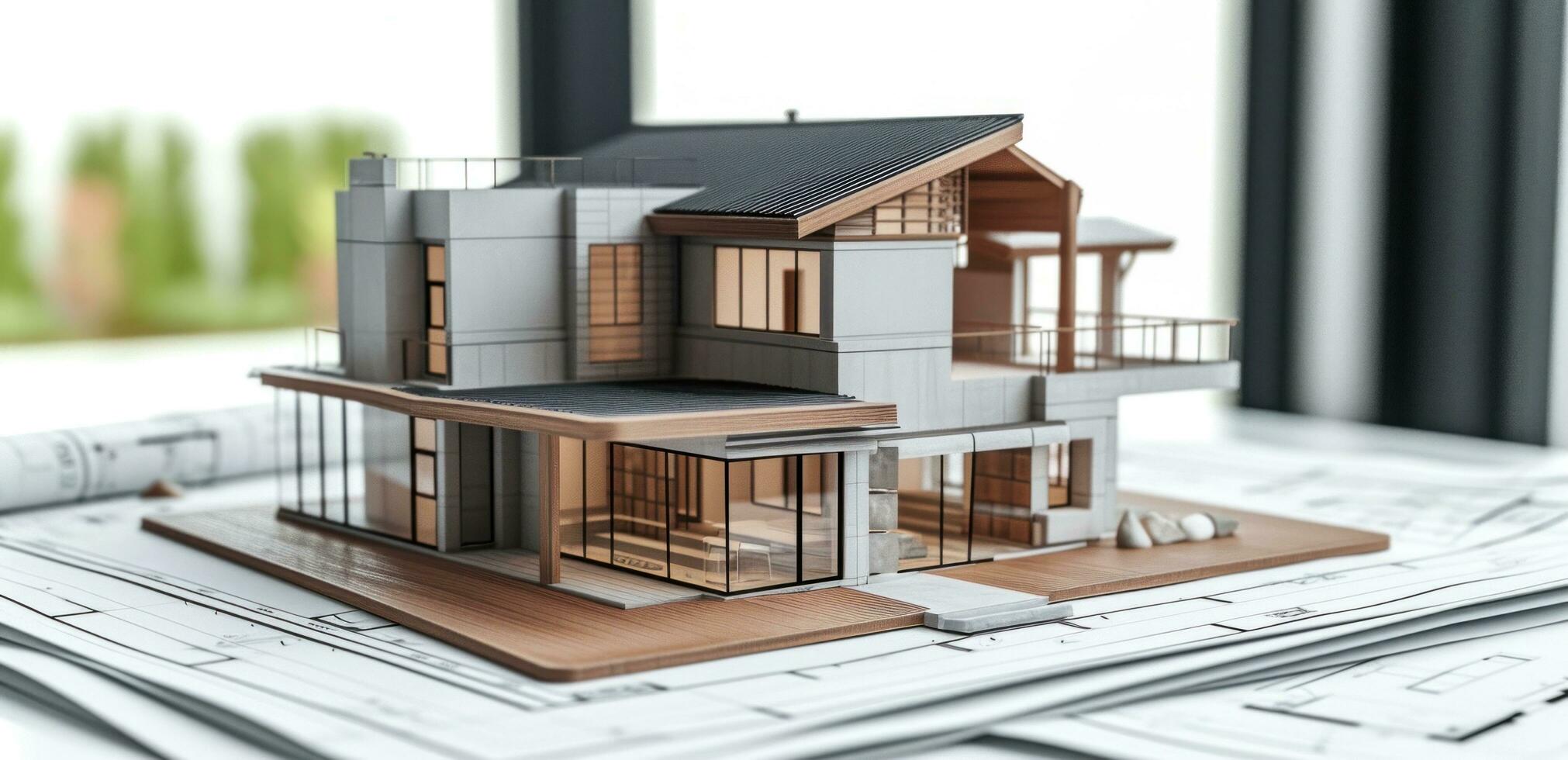 ai gerado uma modelo casa sentado em uma mesa com vários arquitetônico desenhos, foto