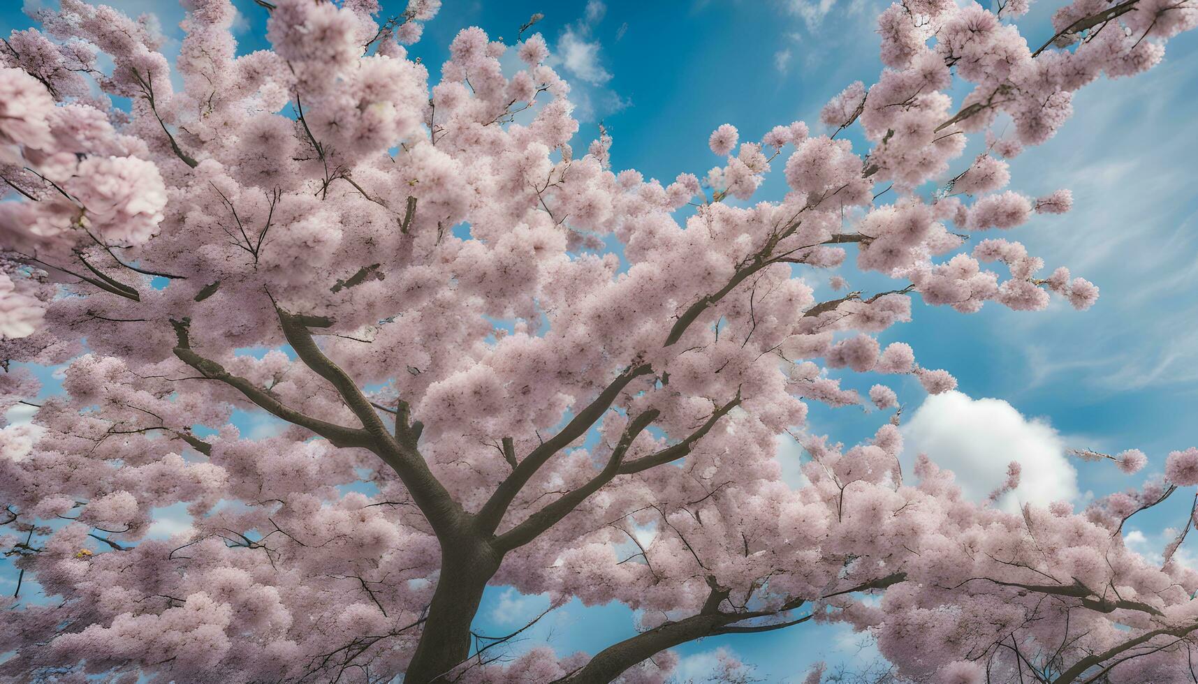 ai gerado uma lindo Rosa cereja árvore com branco nuvens dentro a céu foto