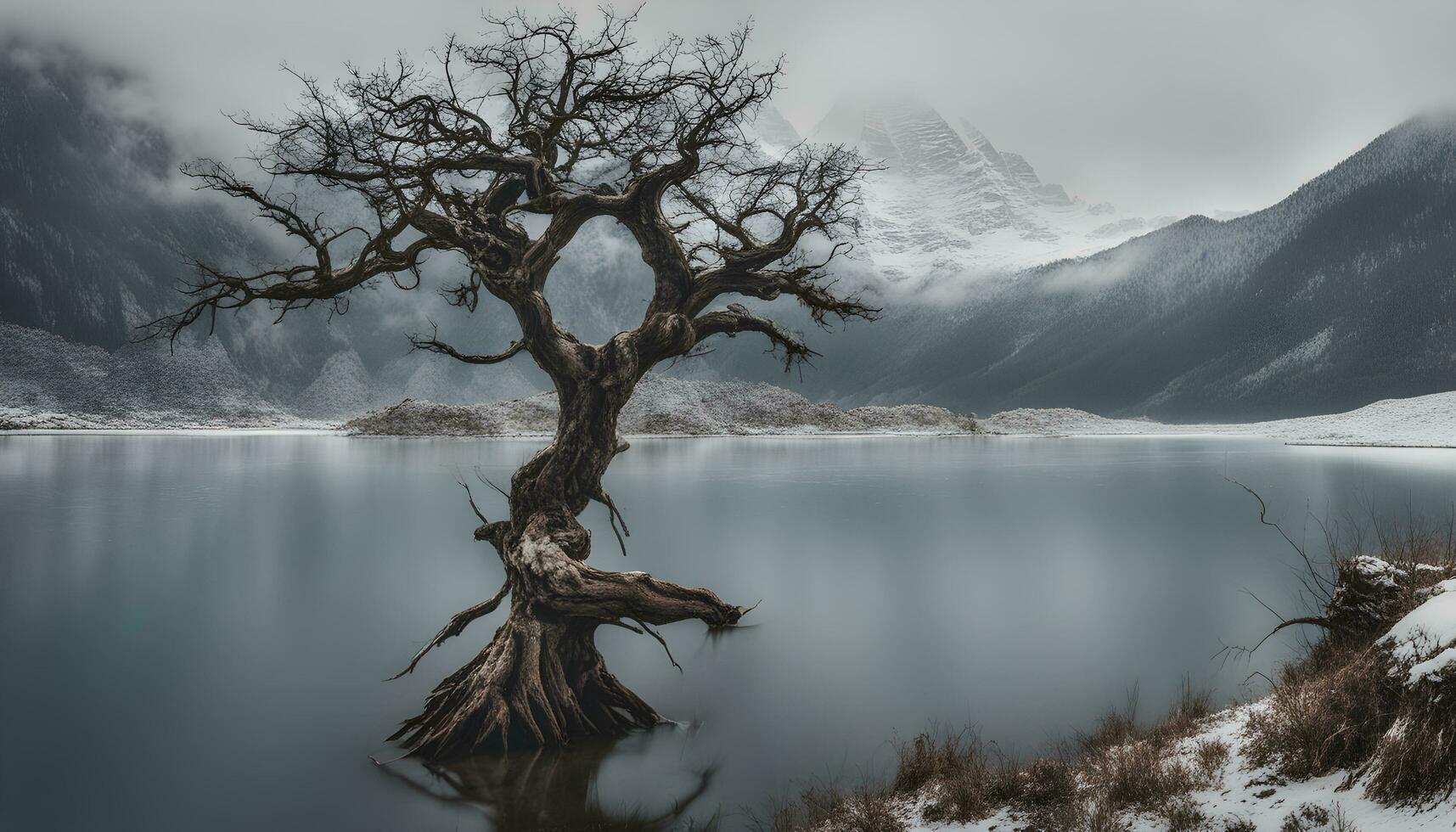 ai gerado uma solitário árvore carrinhos dentro a meio do uma lago foto