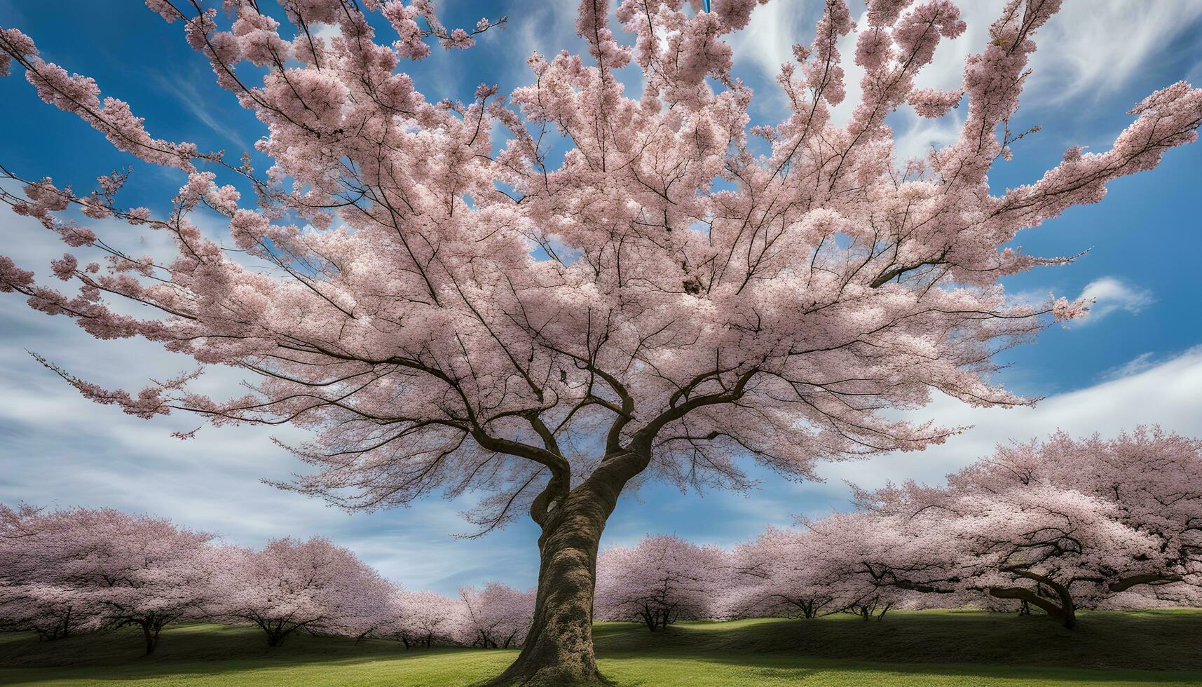 ai gerado uma ampla árvore com Rosa flores dentro a meio do uma campo foto