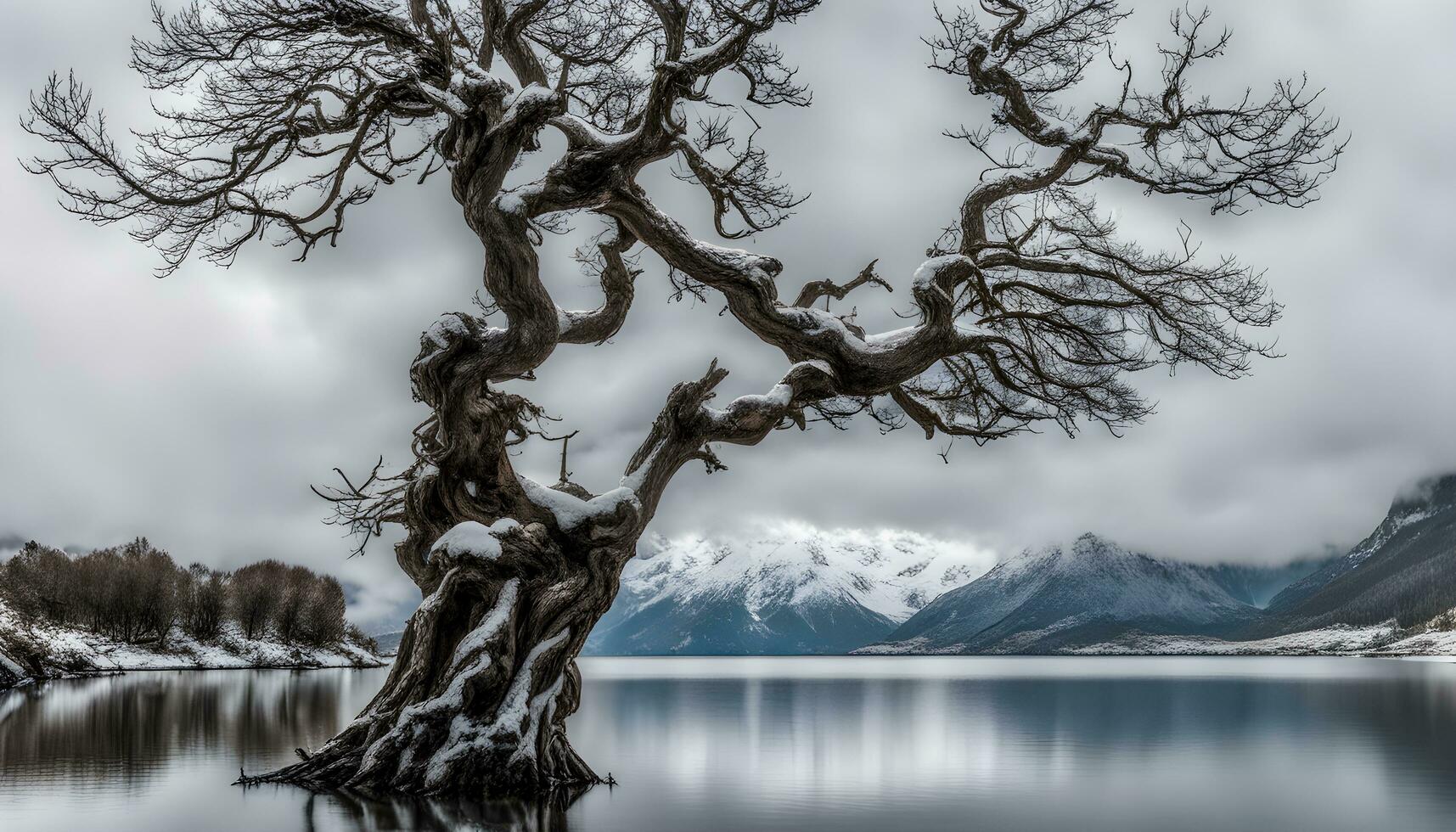 ai gerado uma solitário árvore dentro a meio do uma lago com neve em isto foto