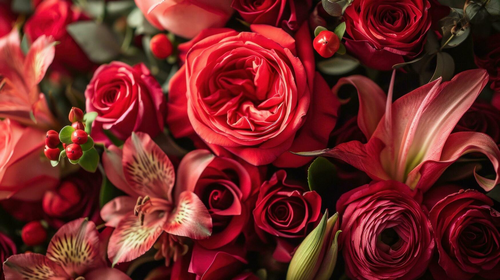 ai gerado buquês do vermelho rosas, delicado lírios, e aromático pétalas foto