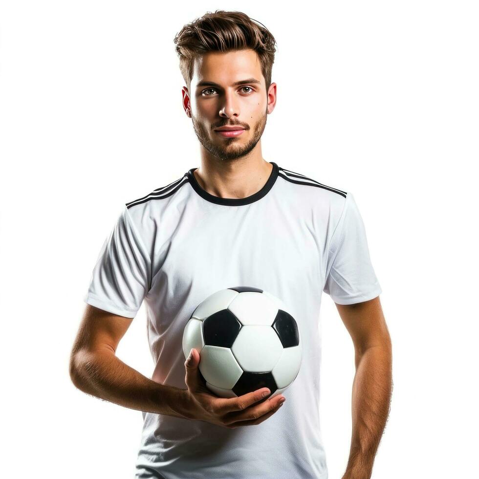 ai gerado bonito futebol jogador com bola dentro mão isolado foto