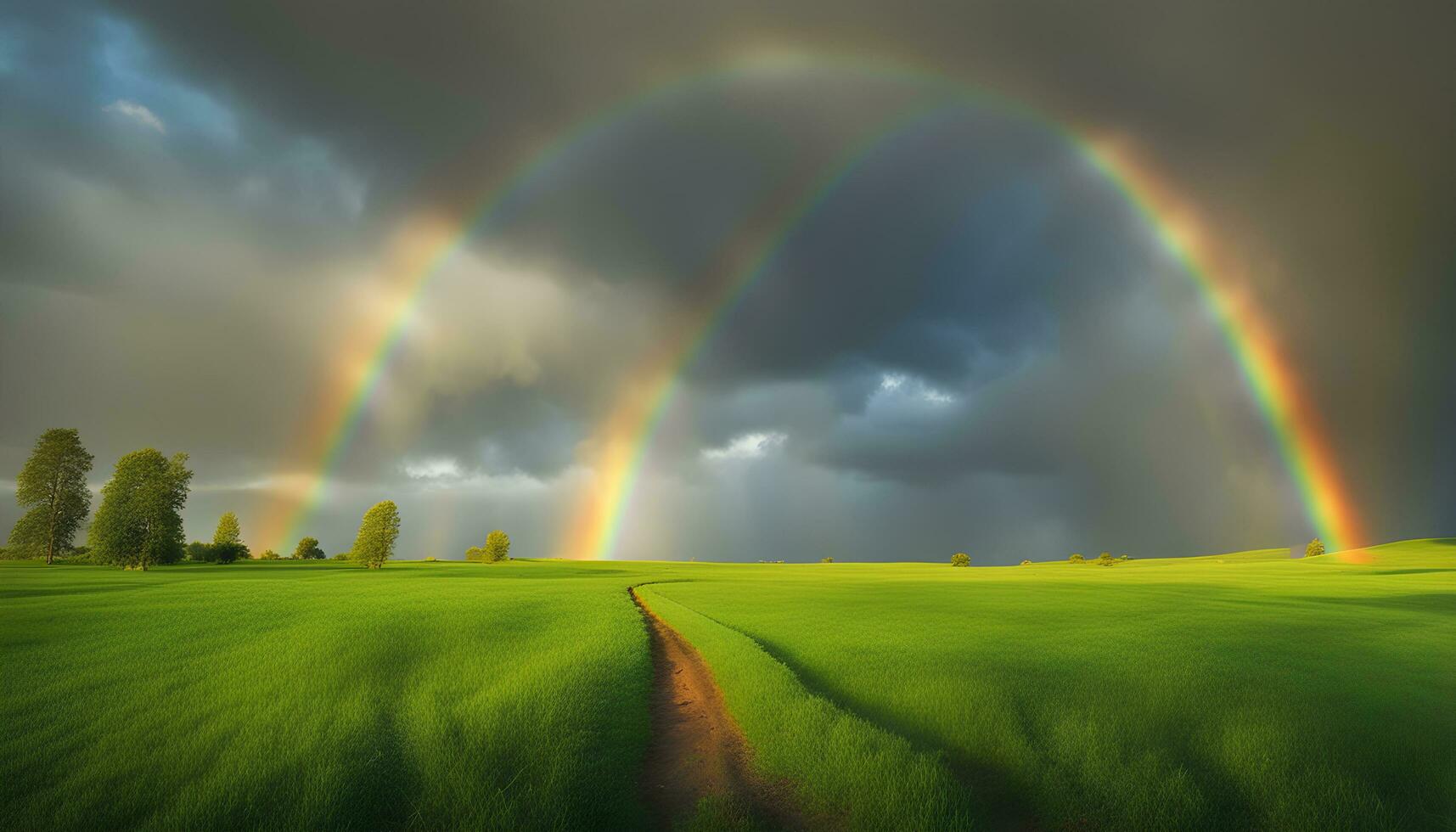 ai gerado dois Duplo arco-íris sobre uma verde campo foto